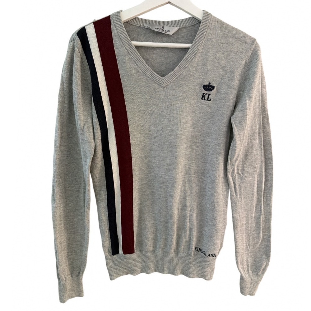 Kingsland Equestrian Womens Gray V-Neck Sweater Stripe Logo Size Small